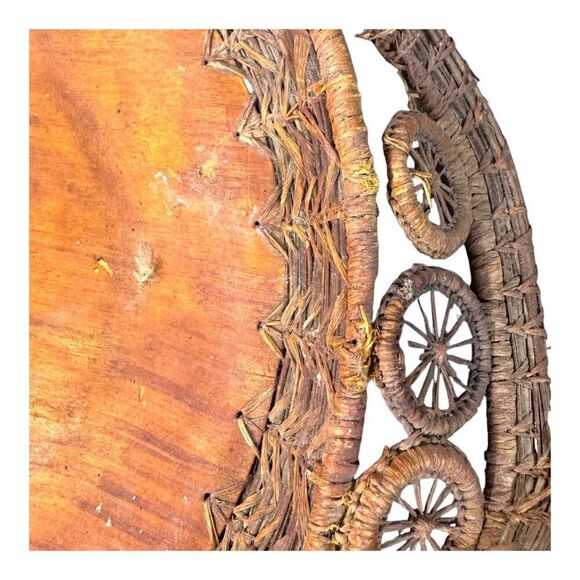 Antique Oval Wicker & Wood Serving Tray  Intricate Weave & Handle Design READ - Picture 5 of 8